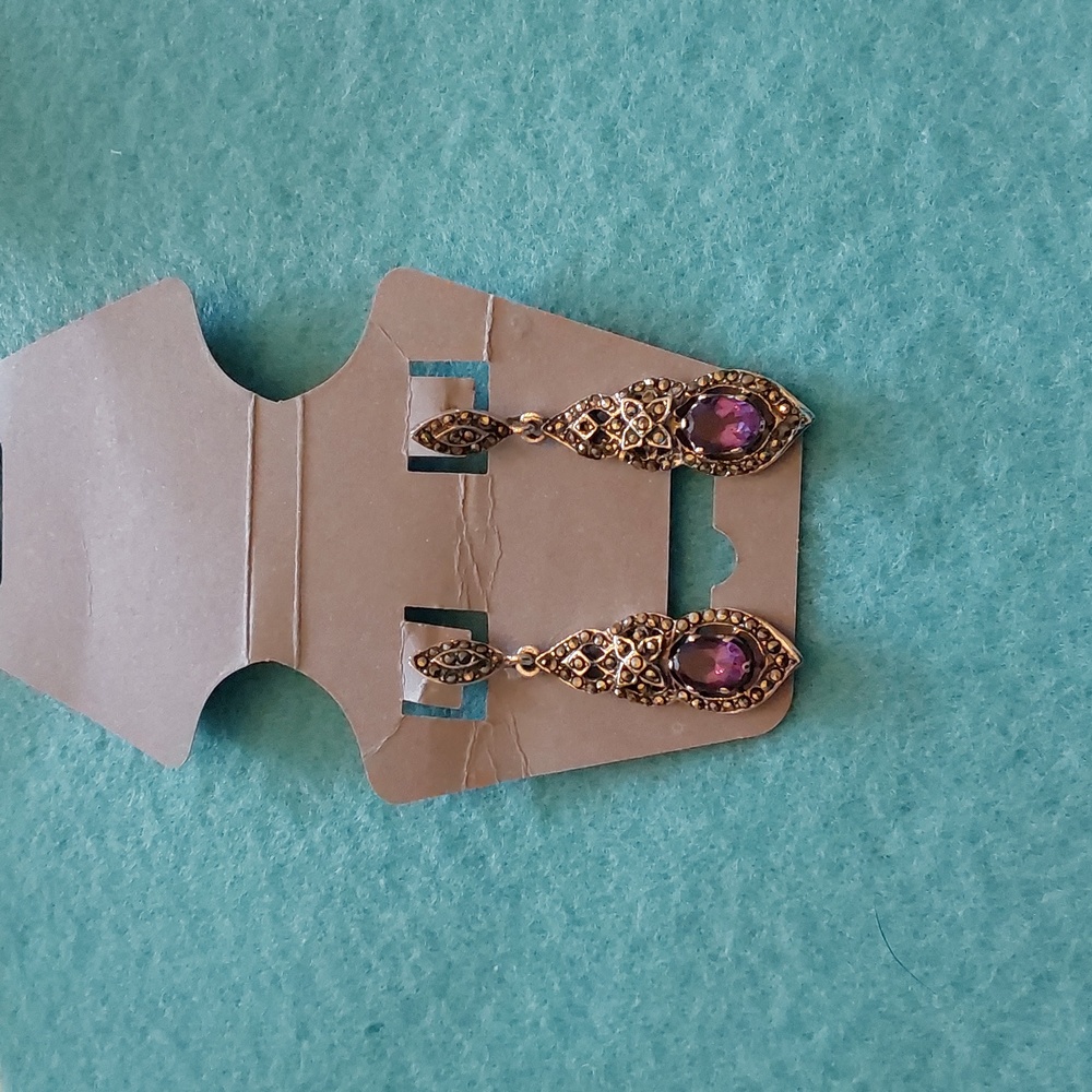 Sterling Silver Genuine Marcasite and Amethyst Earrings